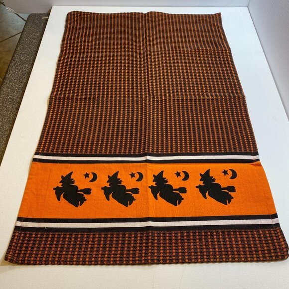 Vintage Halloween Dish Tea Towel Cotton 29" x 18.5" Witch Moon Black Orange - Picture 2 of 8